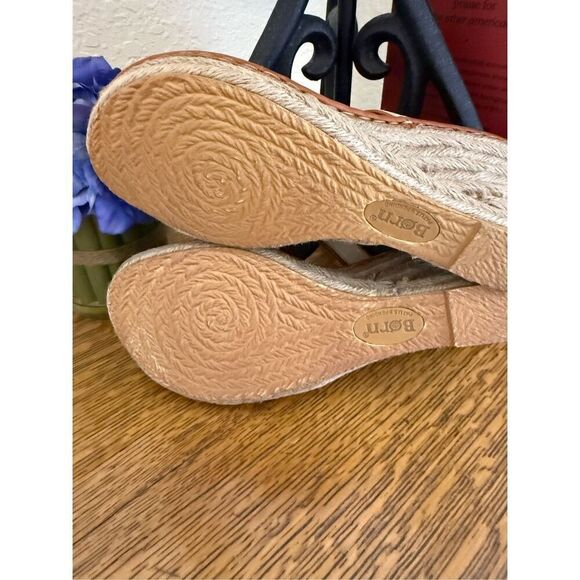 Born Drilles Camel & Ecru Lthr & Jute Wedge Sandals Sz9/9.5 NWOB Classic/Summer - Picture 8 of 14